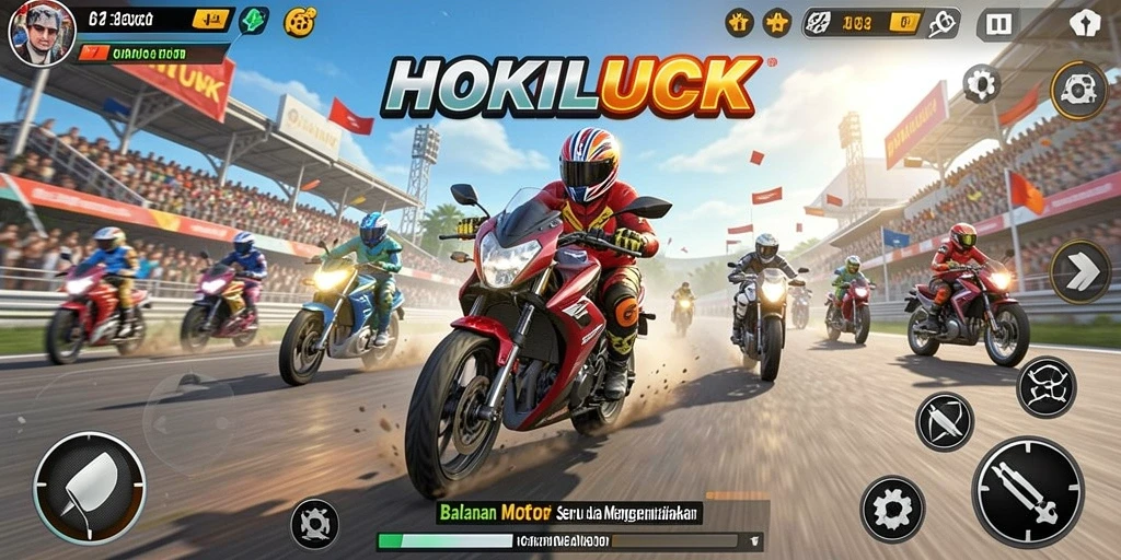 Gameplay HOKILUCK yang penuh aksi dan tantangan balapan motor.